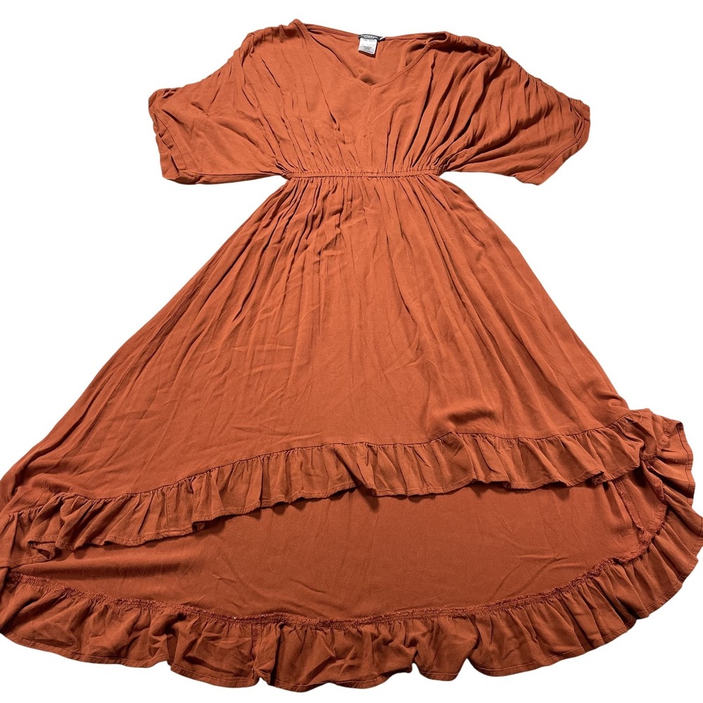 Earthbound Trading Co Dress Womens S Orange Hi Low Maxi Ruffle Boho V Neck
